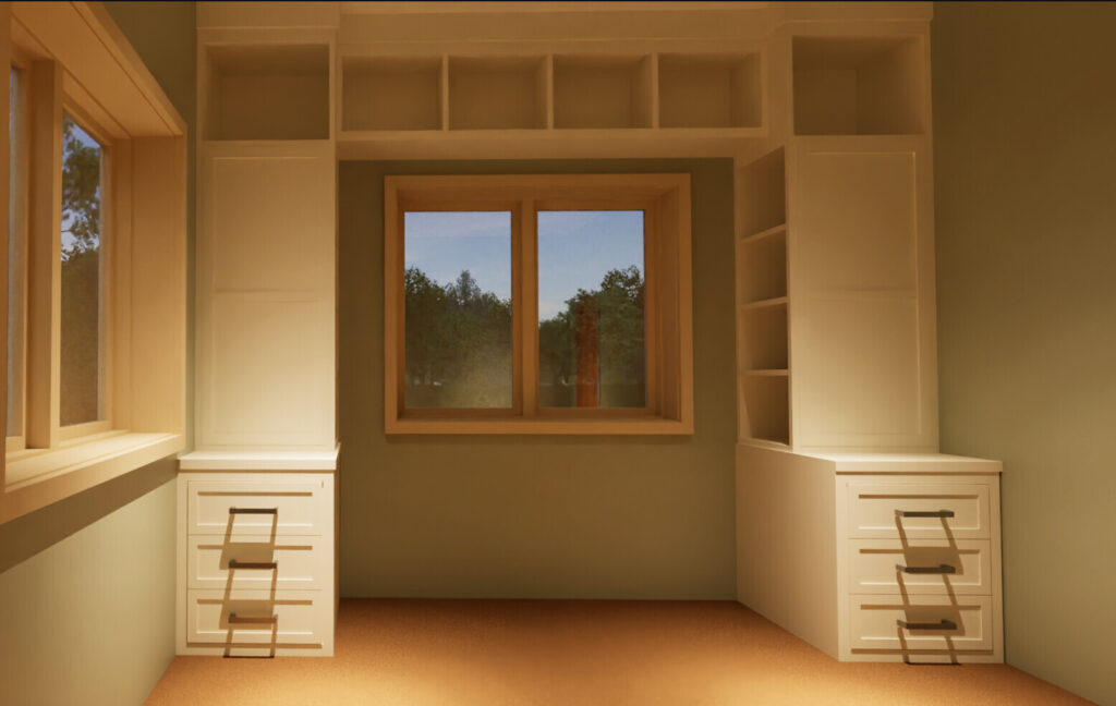 A remodeled office with custom cabinetry overlooking Fort Collins farmland, and a custom treehouse. 